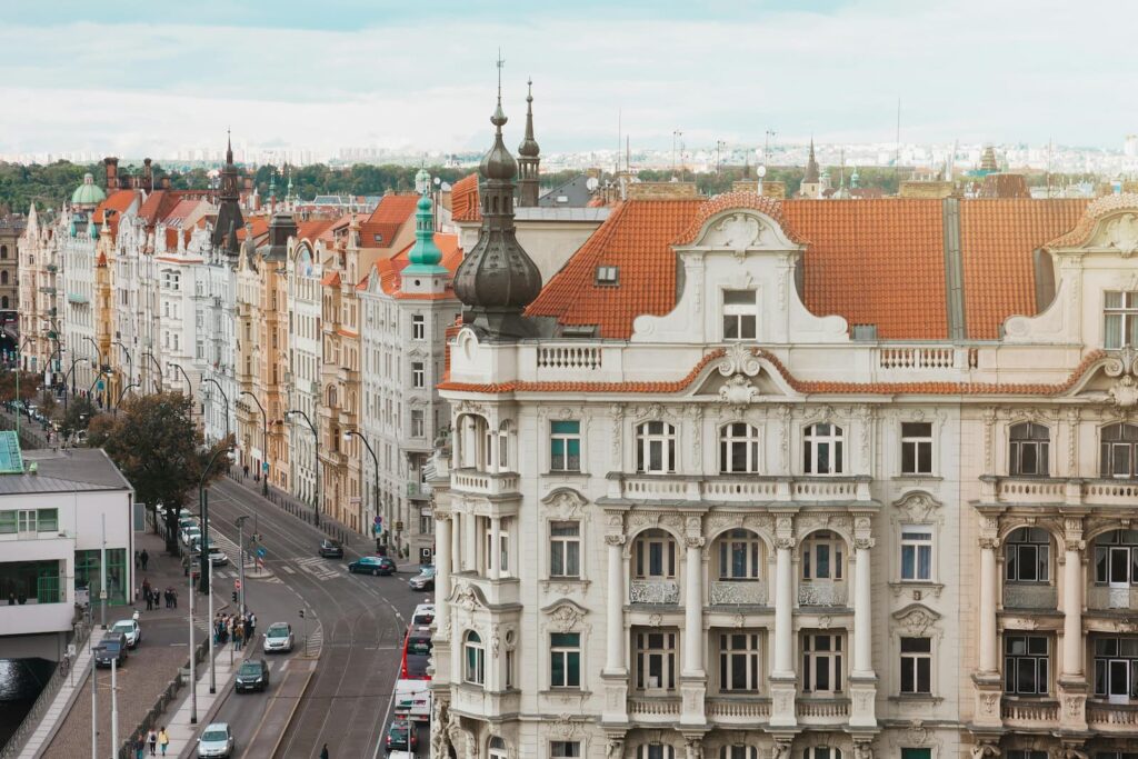 View of Masarykovo nabrezi in Prague.